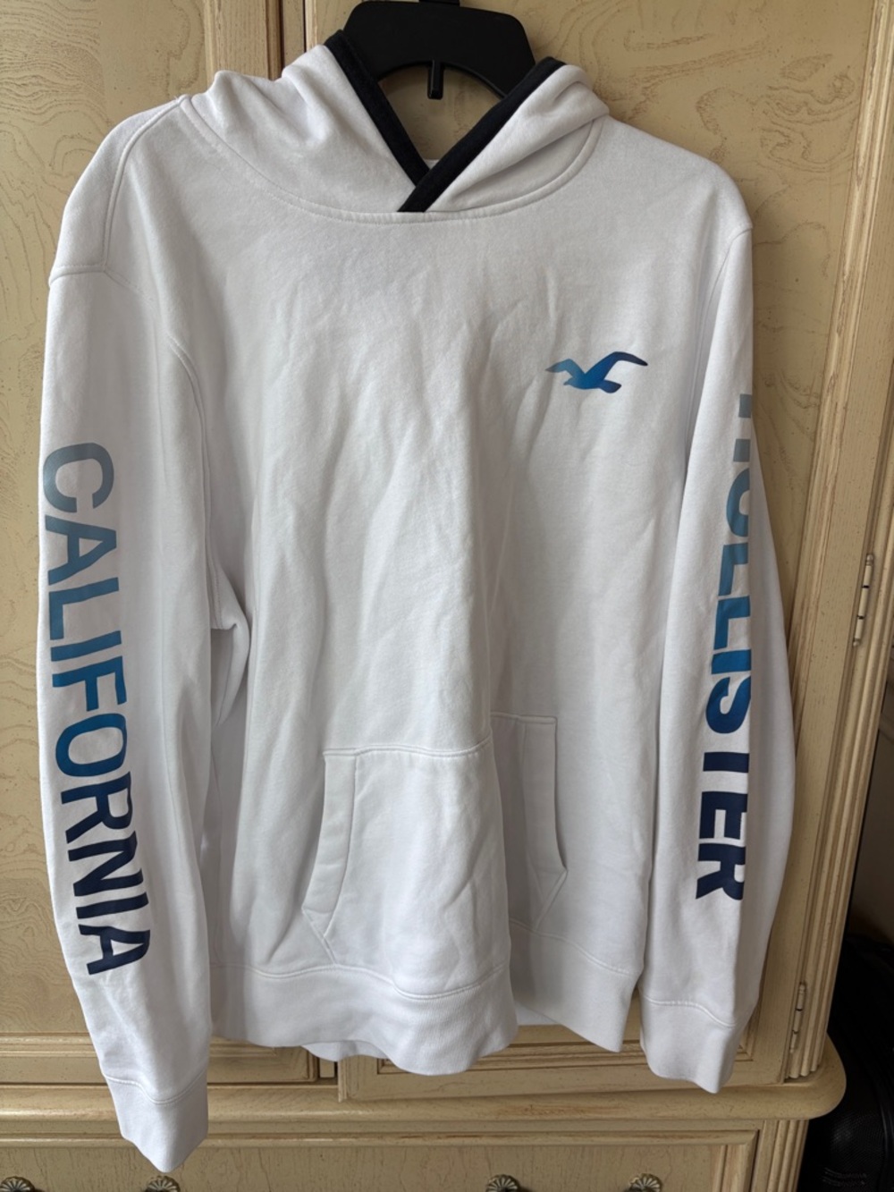 Hollister White Hoodie with Blue Logo and Sleeve Graphics